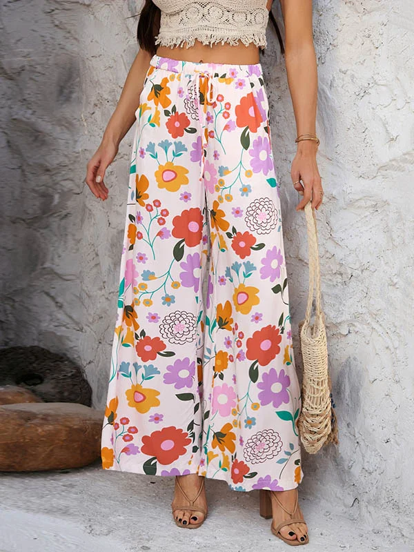 Pockets Flower Print Drawstring Contrast Color Wide Leg Loose Trousers Pants