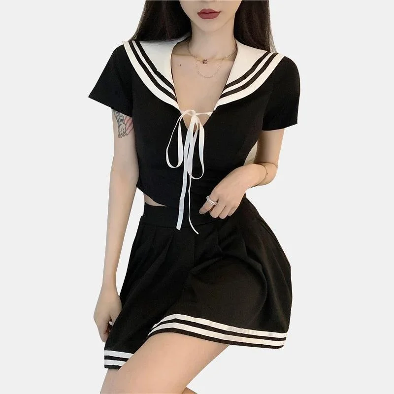 Navy Collar Top Skirts Set