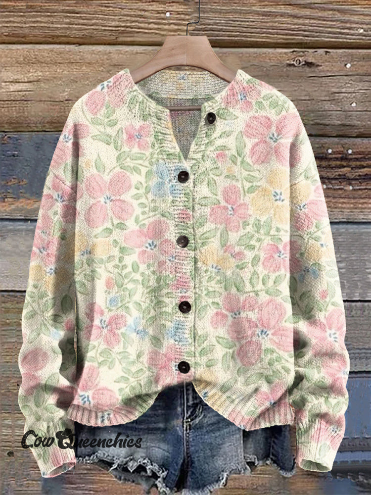 Vintage Flowers Print Buttoned Cardigan Sweater Multicolor / S