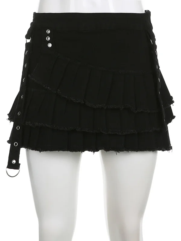 Gothic Dark Punk Sexy Asymmetrical A-line Pleated Paneled Denim Mini Skirt