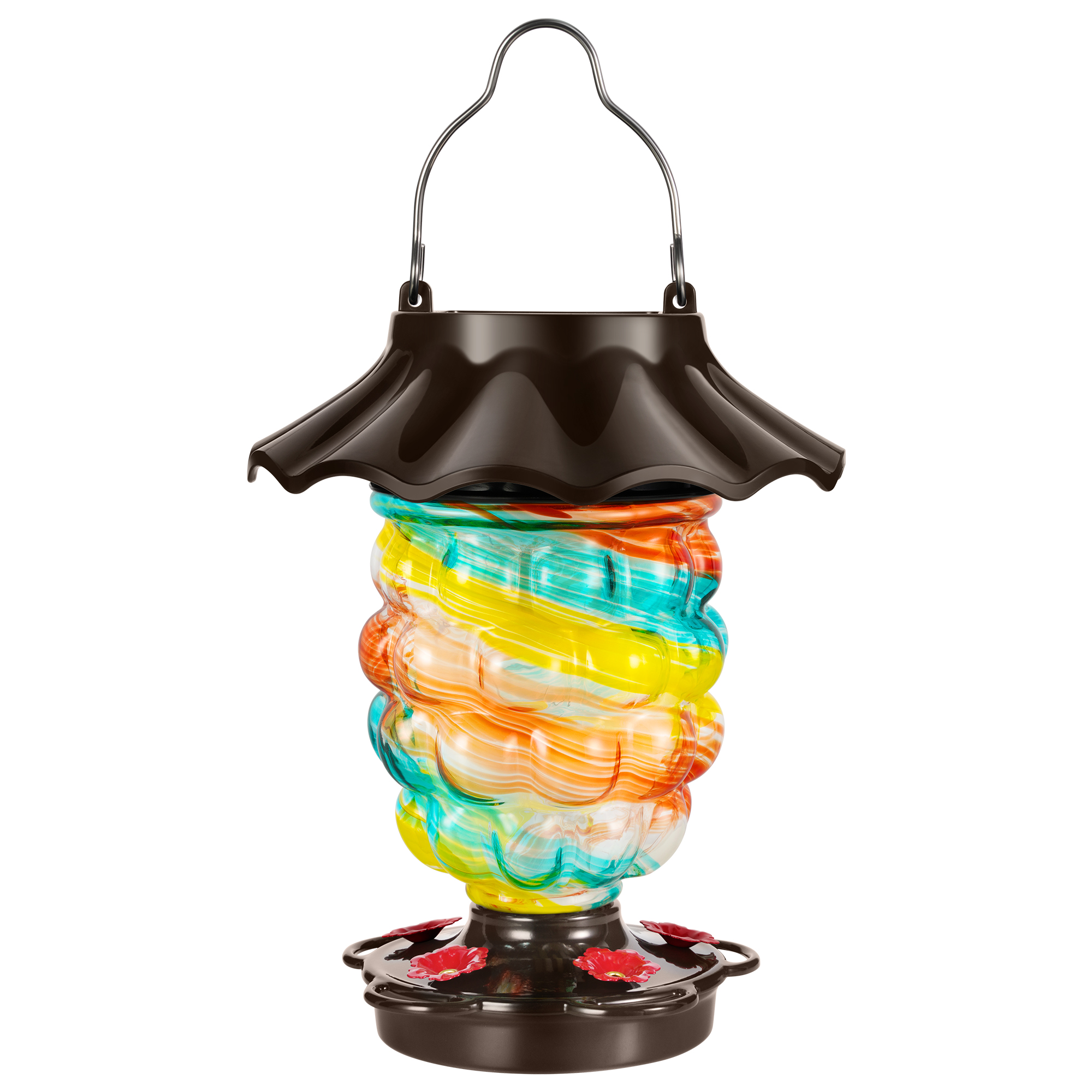 LUJOIN Solar Hummingbird Feeder for Outdoors Hanging, Hand Blown Glass with 35 fl.oz, RGB Lights with 9 Optional Mode, Never Leak, Illuminated Lantern for Garden Decor, Pineapple Shaped, Ribbon