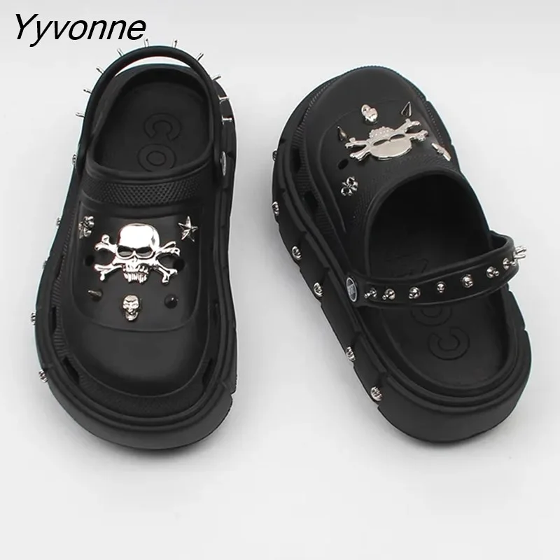 Yyvonne NEW punk metal rivets Sandals Women Slippers Platform Sandals Outdoor Clogs Thick Street Beach Slippers Flip Flops Garden Shoes 305-0