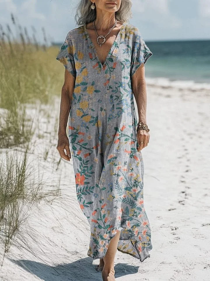 Lovely Spring Floral Pattern Printed Women's Pocket Cotton Dress