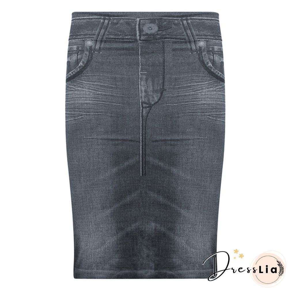 Women Fashion Print Seamless Skirt Faux Denim Jean Skirts Short Slim High Waist Elastic Mini Dress Plus Size