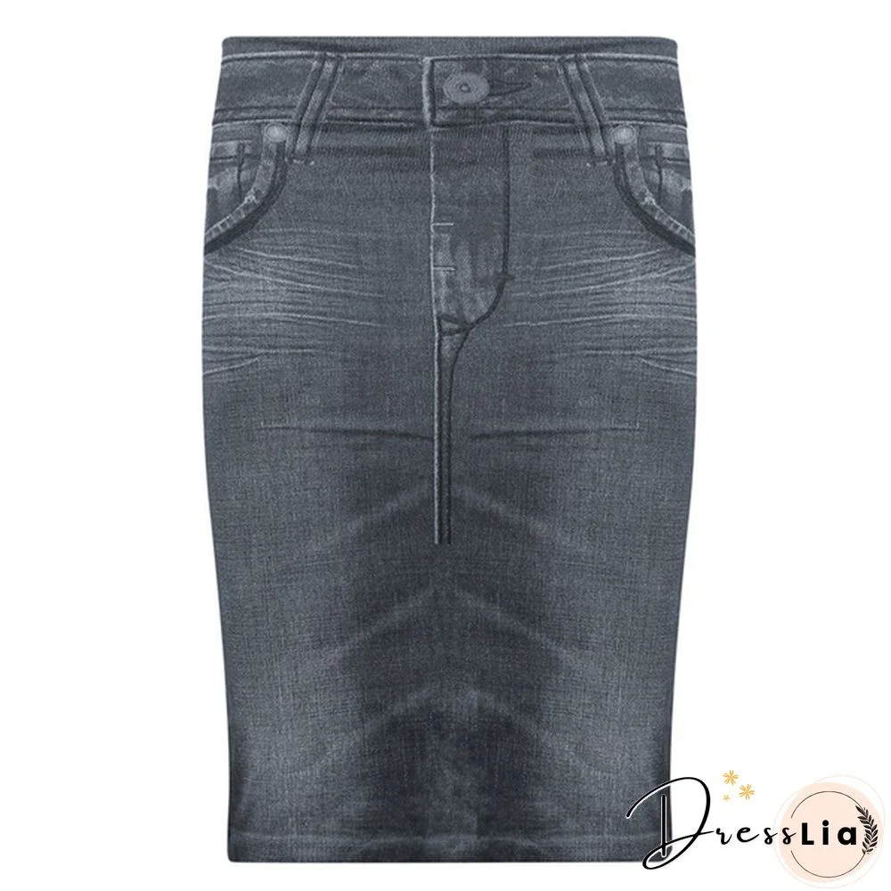 Women Fashion Print Seamless Skirt Faux Denim Jean Skirts Short Slim High Waist Elastic Mini Dress Plus Size