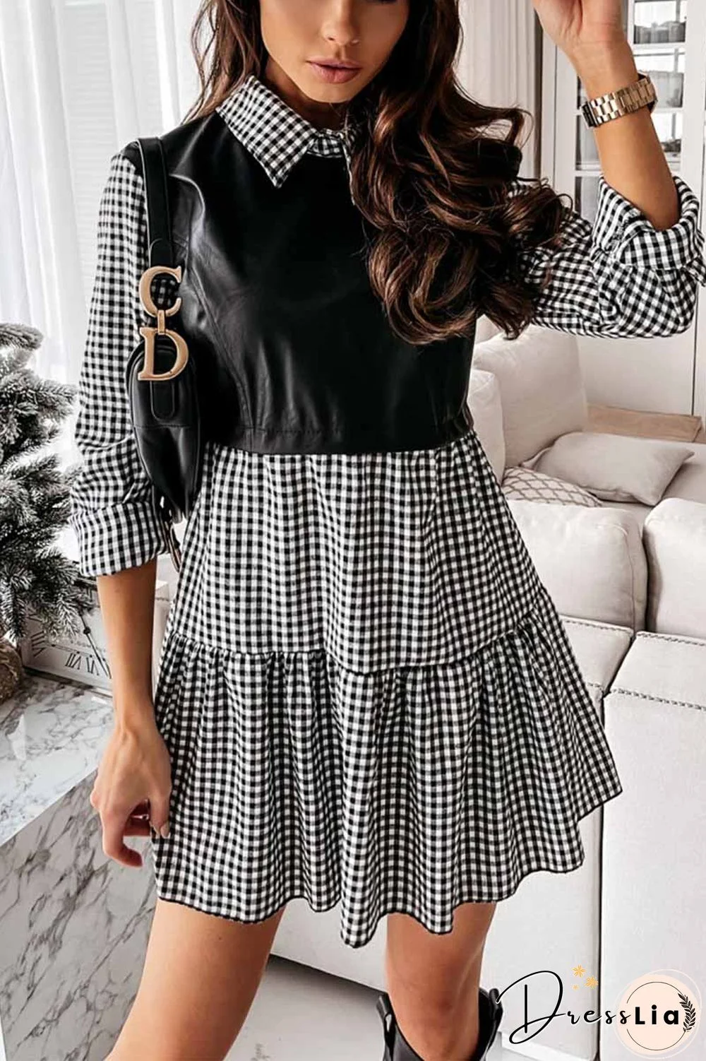 Shirt Skirt And Leather Stitching Mini Dress