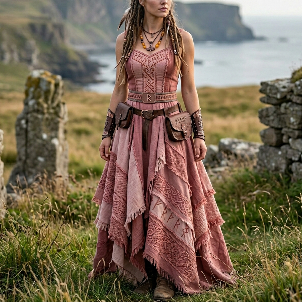 Cotton Linen Viking-Inspired Boho Maxi Dress with Nordic Symbols and Fringed Hem