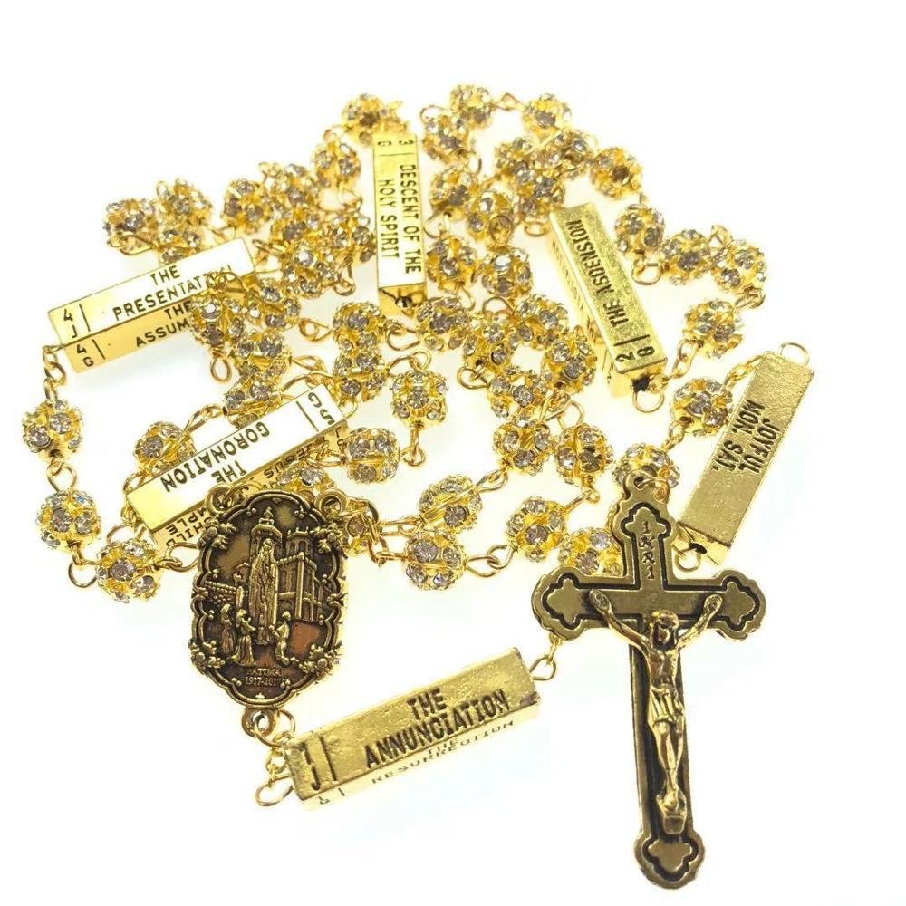 8mm golden color crystal rhinestone  rosary beads necklace-VESSFUL