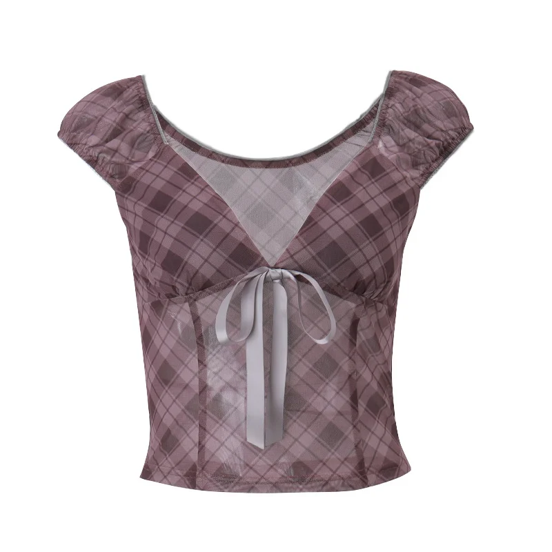 Pongl Pongl Summer New Fashion Hot Girl Retro Plaid Lace Mesh Stitching Short Jacket Female