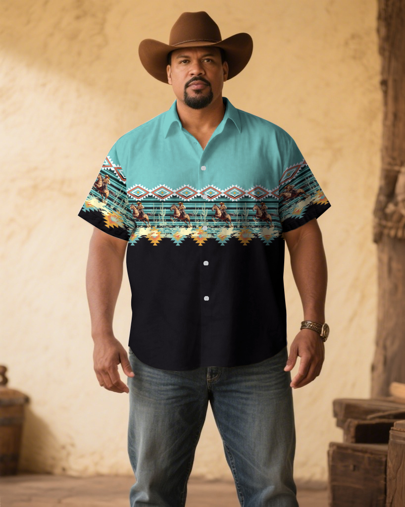 Men's Plus Size Black & Green Western Denim Floral Print Short Sleeve Shirt