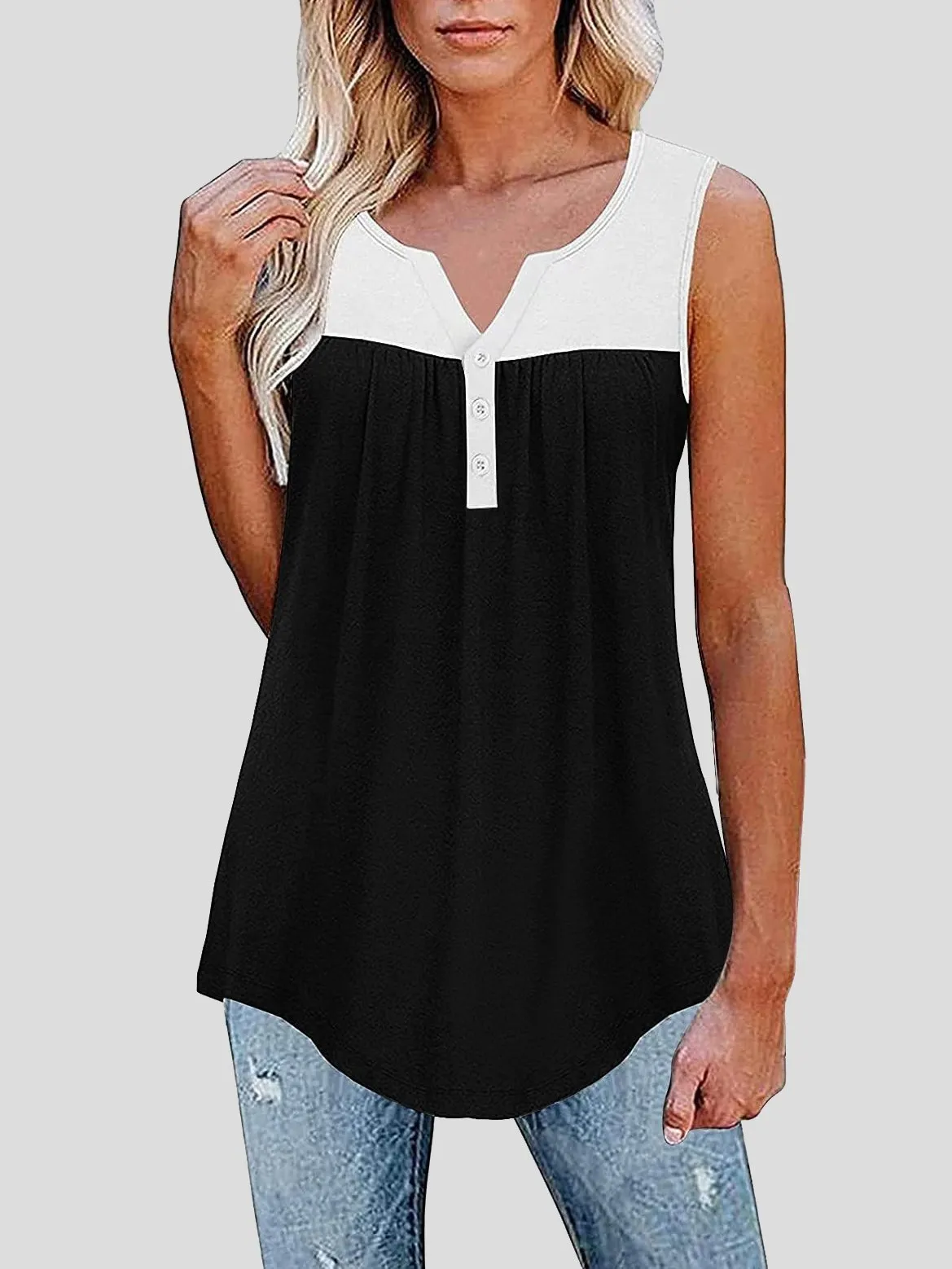 Sleeveless V-Neck Button Paneling Tank Tops