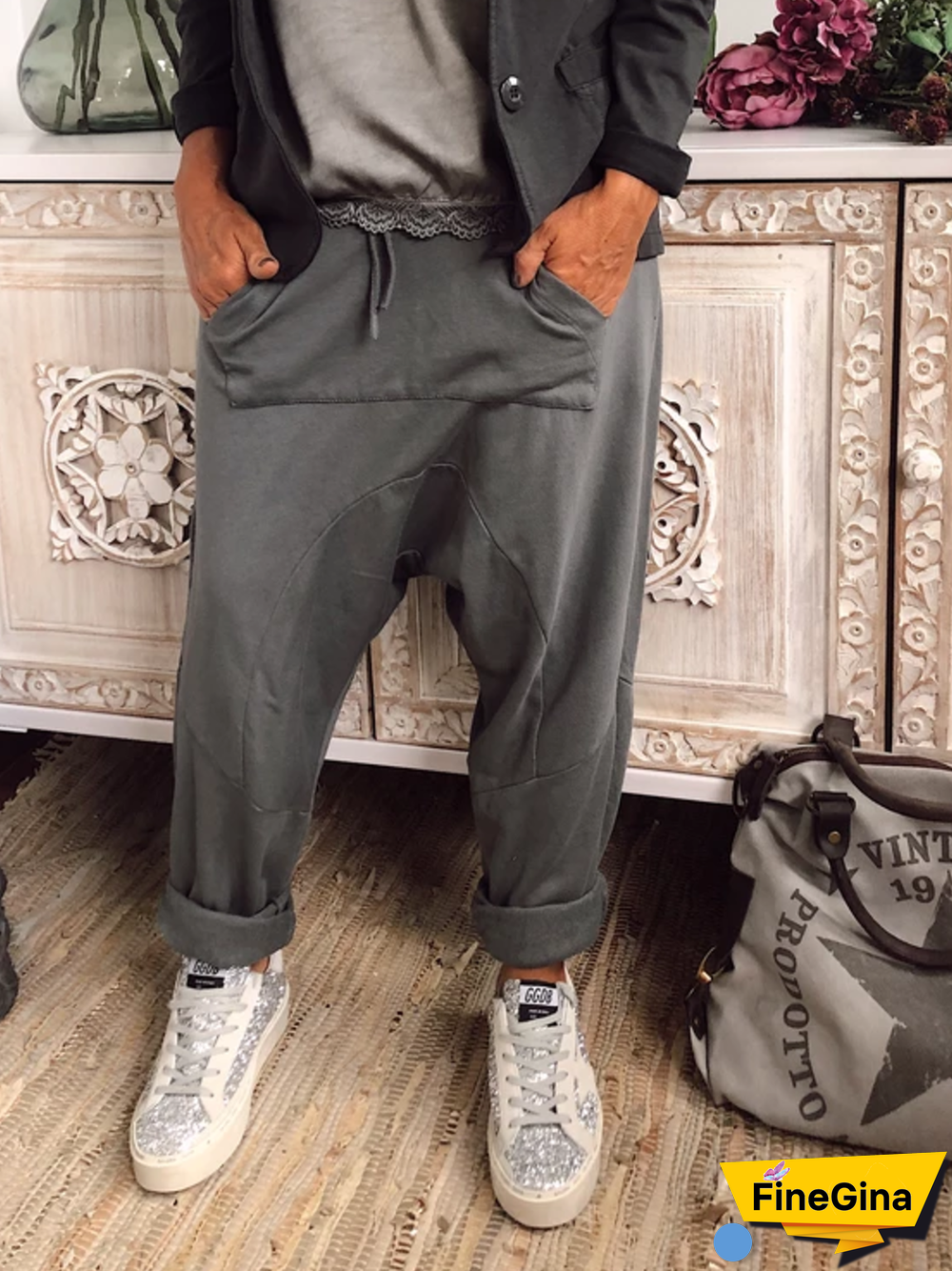 Solid Cotton-Blend Casual Pockets Pants