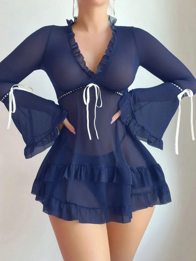 Churchf Sex Lingerie New Sexy Print Mesh Perspective Long-Sleeved Strap Strips With Short Back Dress