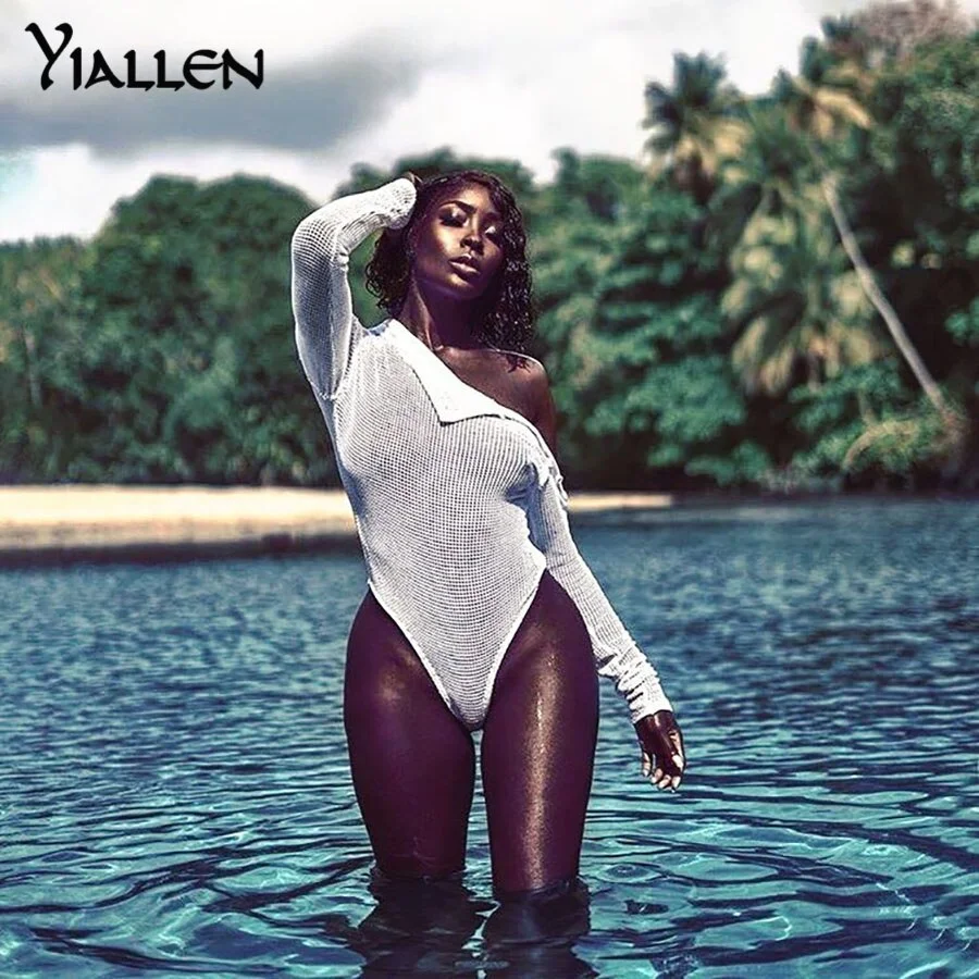 Yiallen Summer Sexy See Through Grid Bodysuit Women Solid Long Sleeve Button Slim Bodycon Elastic Fashion Streetwear Clothing