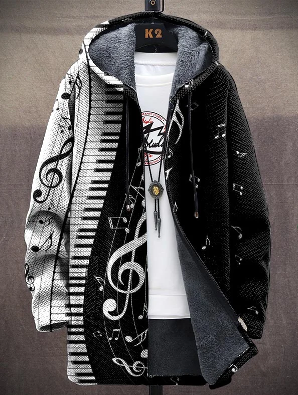 Unisex Art Piano Music Black and White Contrast Printed Warm Plush Long Sleeve Jacket Cardigan