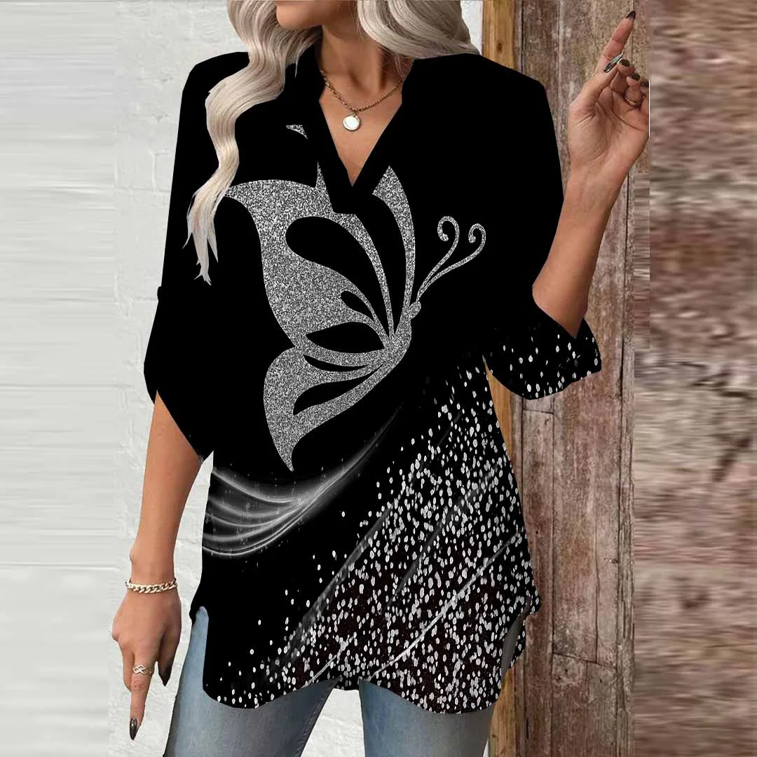 Women Butterfly, Silver DZGA0702 3/4 Sleeve V-neck Printed Graphic Button Tops