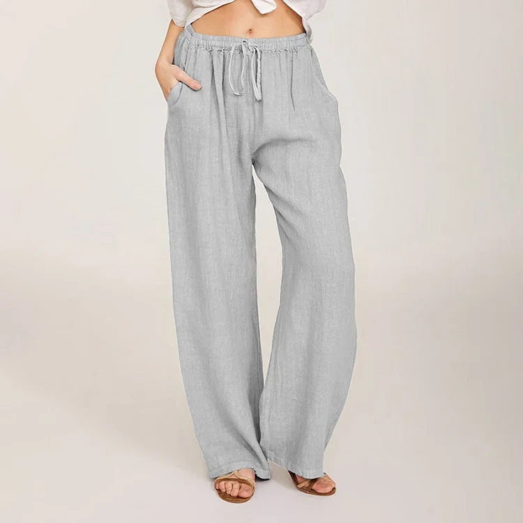 VChics Casual Solid Color Drawstring Pockets Wide Leg Pants