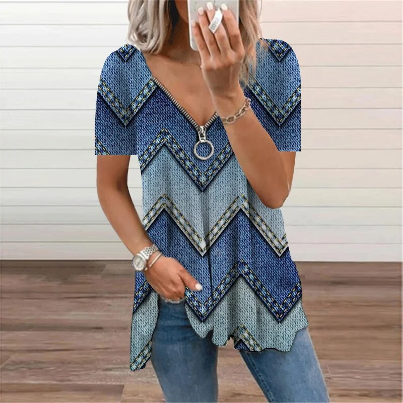 Zipper Ladies T-Shirt Oversized Print Short Sleeve V-Neck Top Tee 2022 Summer New Womens Clothing Casual Loose Pullover Tunic