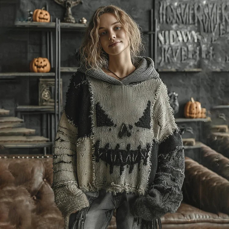 Halloween Spooky Face Contrast Stitched Hooded Cozy Knit Sweater