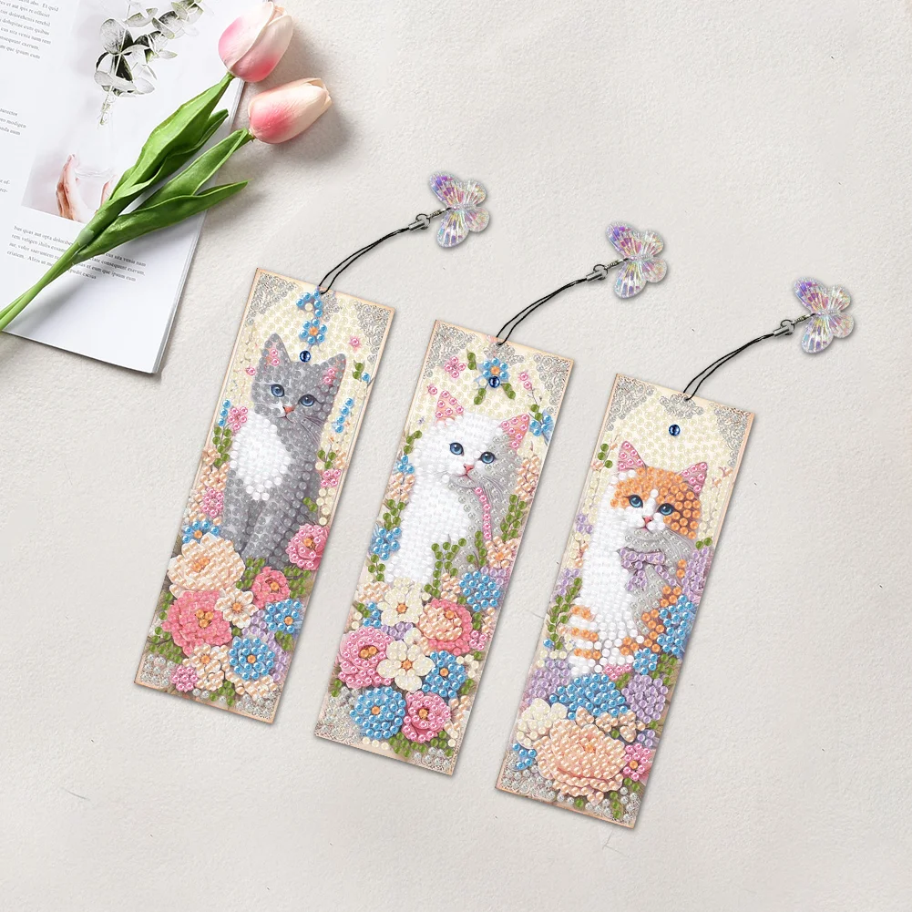 3Pcs DIY Cat Flower Special Shape DIY Diamond Painting Bookmarks Kits