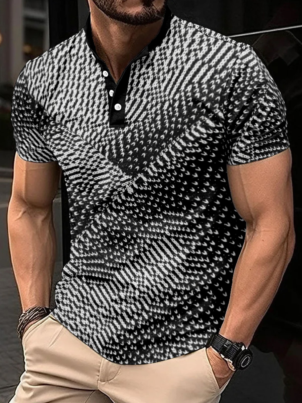 Men's Retro Striped Polka Dot Print Stand Collar Button Short Sleeve T-Shirt PLUSCLOTHESMAN