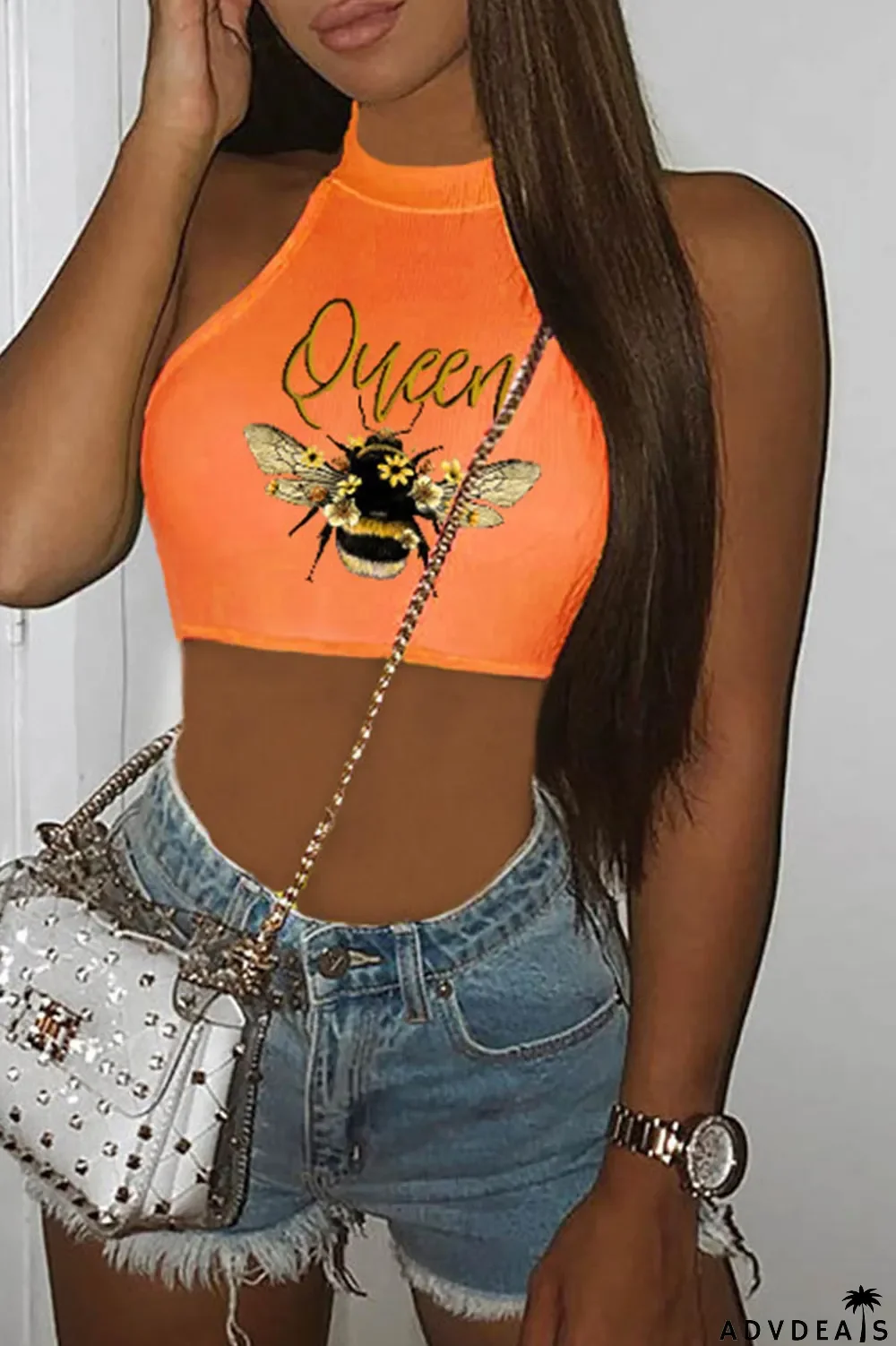 Khaki Casual Print Basic O Neck Tops