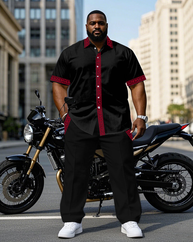 Men's Plus Size Black Characteristic Placket Cuff Pants Pocket Stitching Red Riding Short Sleeve Shirt Trousers Suit