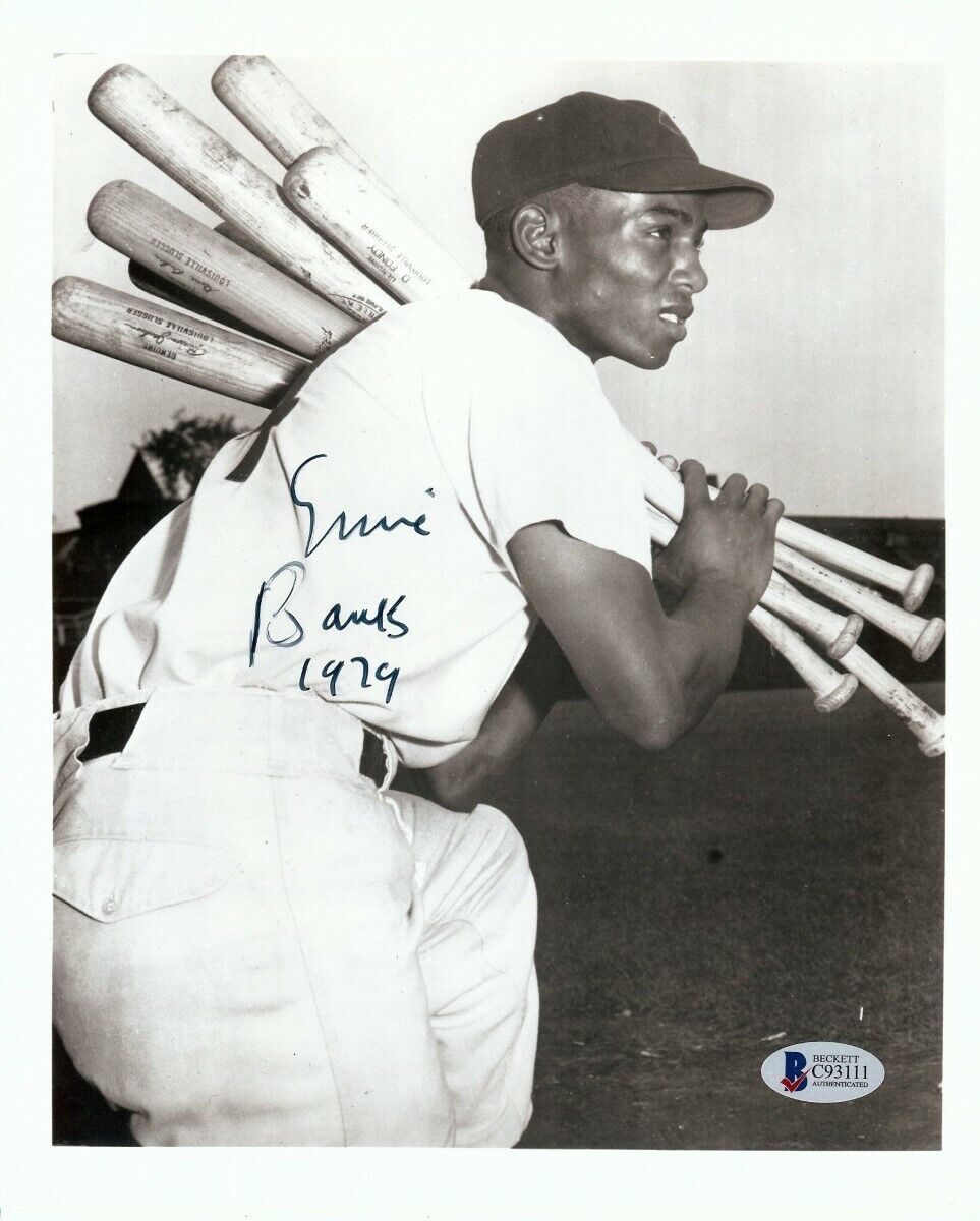 Ernie Banks Autographed 8X10 Vintage Photo Poster painting Chicago Cubs Holding Bats BAS C93111