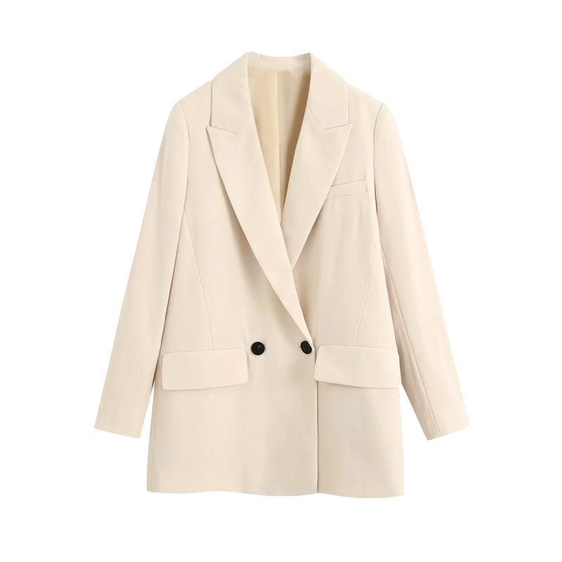 TRAF Women Fashion Double-Breasted Loose Fitting Blazer Coat Vintage Long Sleeve Pockets Female Outerwear Chic Veste