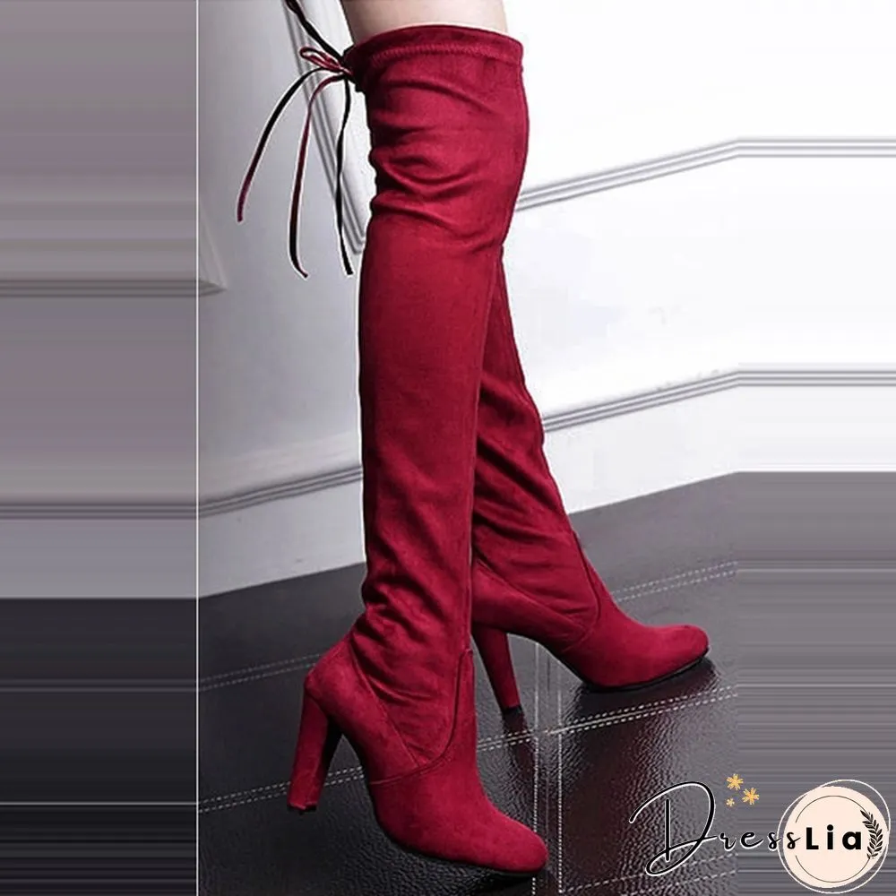 Autumn and Winter Women's Fashion Boots Over Knee High Boot Lace Up High Heel Long Thigh Boots Shoes