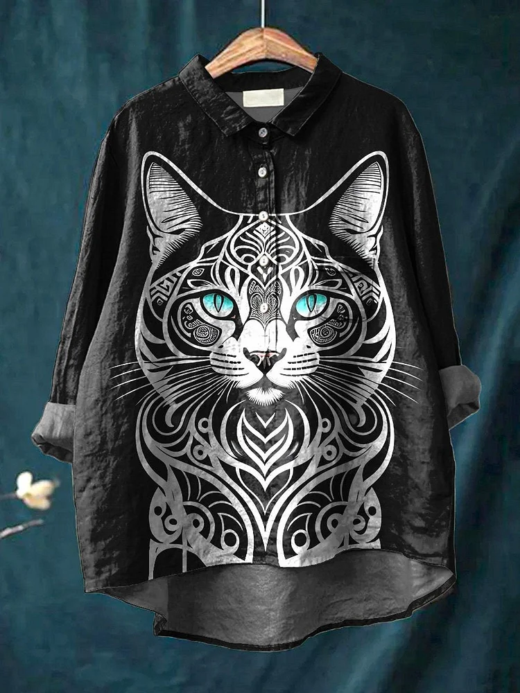 Cat Totem Graphic Printed Women's Casual Cotton And Linen Shirt