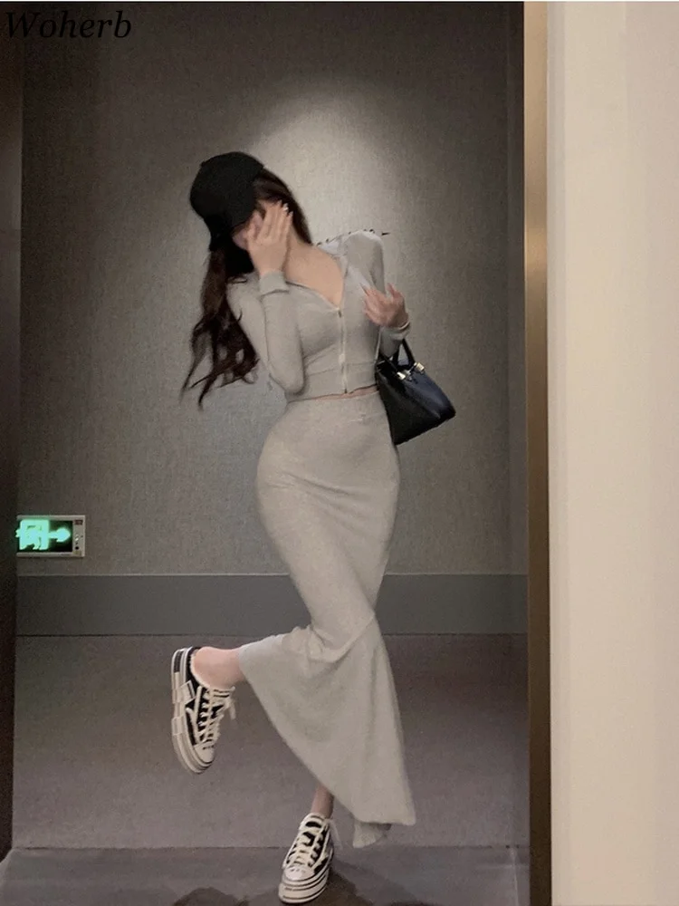 Wongn Spring Autumn Ensemble Femme 2 Pieces Cropped Zipper Hoodies + Pencil Mermaid Skirts Korean Fashion Sexy Outfits Sets