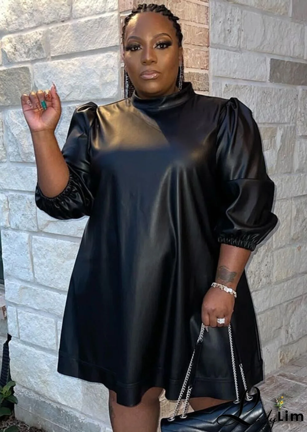 Women Spring Black Puff Sleeve Leather Plus Size Party Dress