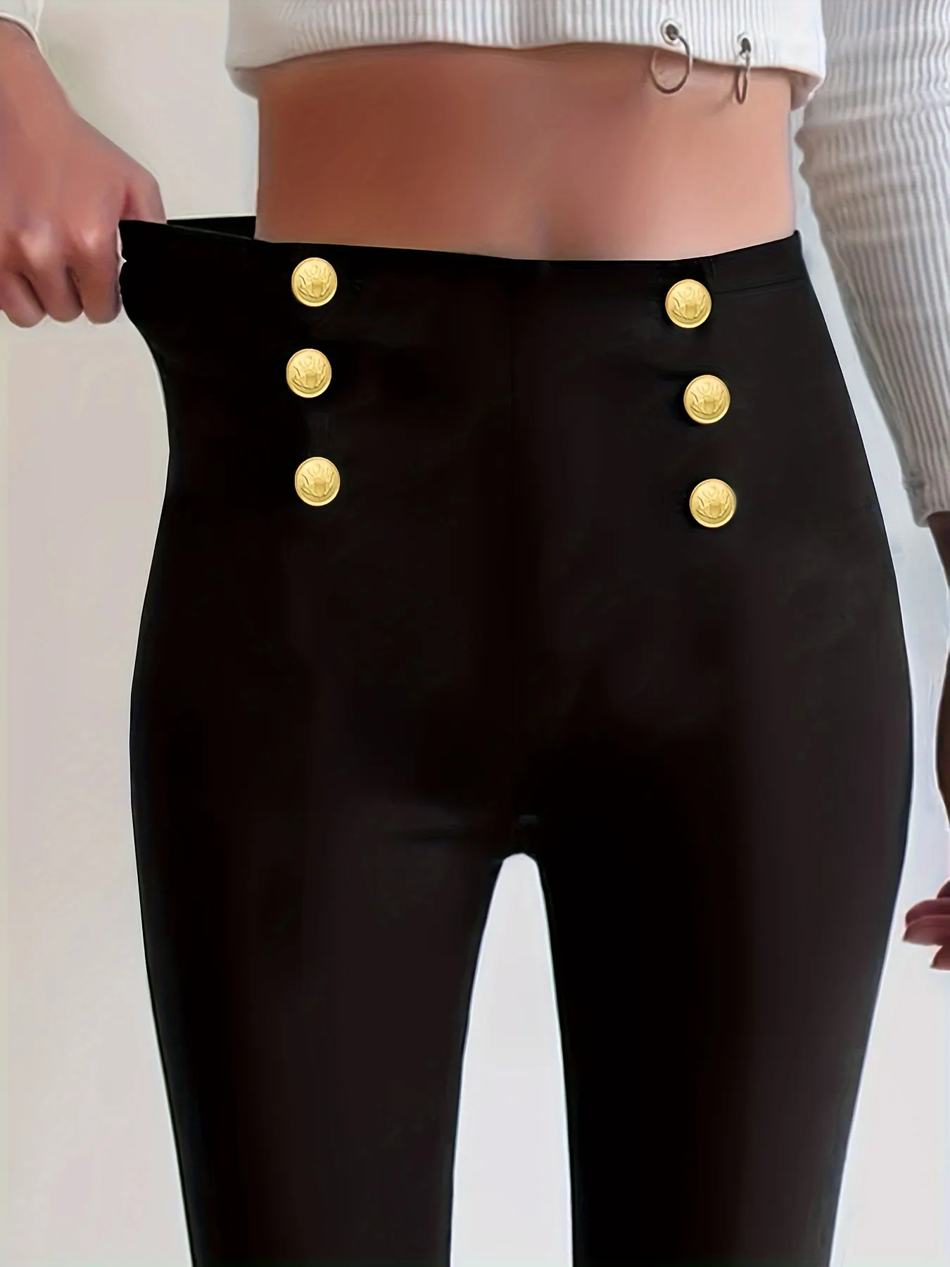 Womens Elegant Red Skinny Pants With Golden Button Details High-Waisted Stretch Fit | IFYHOME