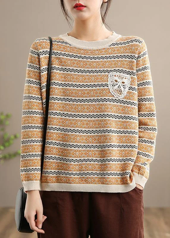 For Work Khaki Striped Knit Blouse O Neck Plus Size Spring Knitted Blouse