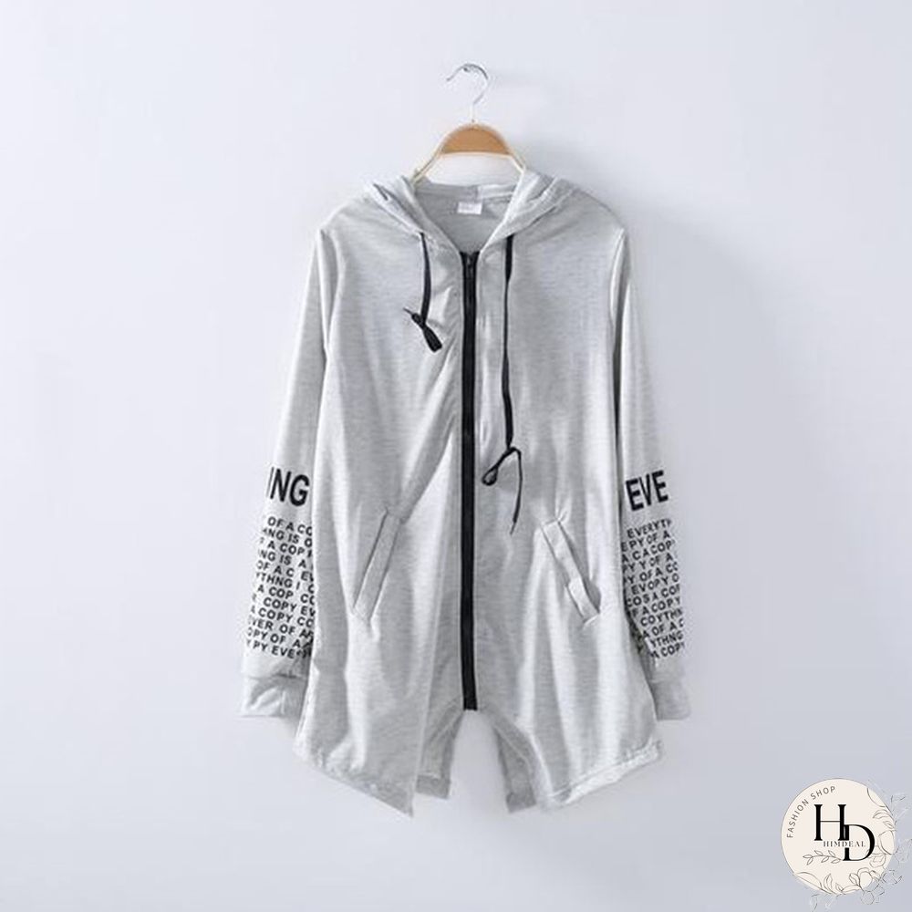 Women Fashion Letter Print Long Sleeve Hooded Coats Ladies V-neck Zipper Irregular Hem