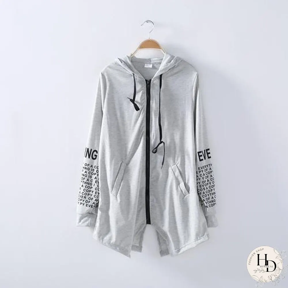 Women Fashion Letter Print Long Sleeve Hooded Coats Ladies V-neck Zipper Irregular Hem
