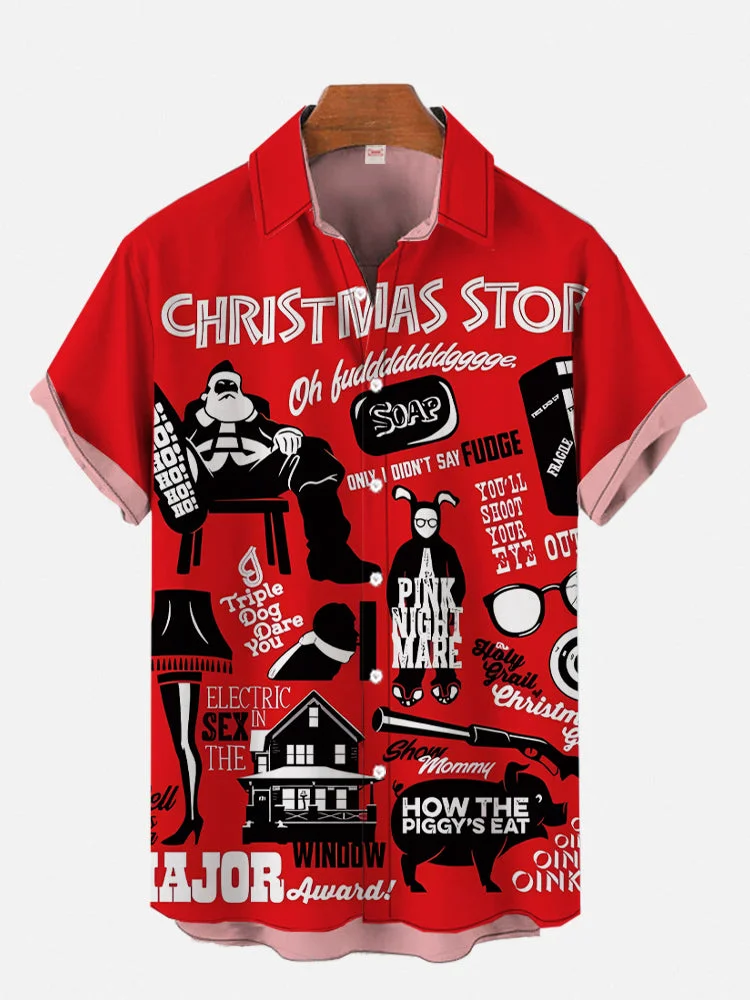 Vintage Red Poster Christmas Story Santa Claus And House Printing Short Sleeve Shirt