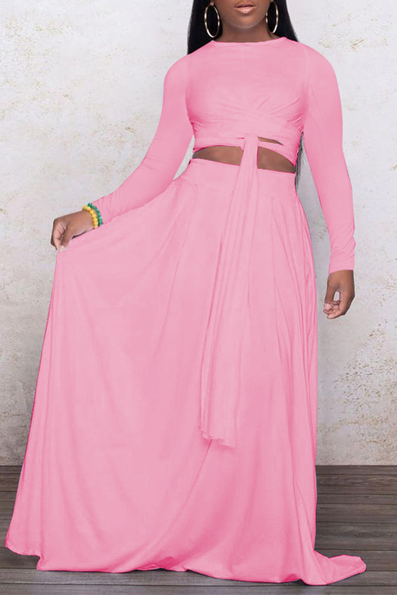 Pink Casual Solid Patchwork O Neck Long Sleeve Two Pieces | EGEMISS