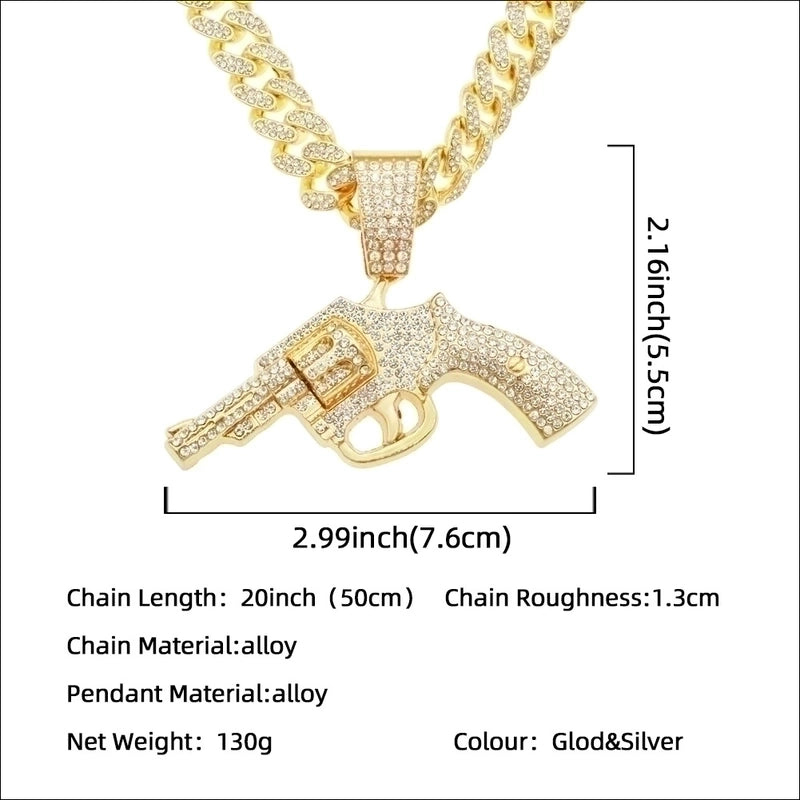 Fashion Full Diamond Gun Pendant Cuban Chain Alloy Necklace
