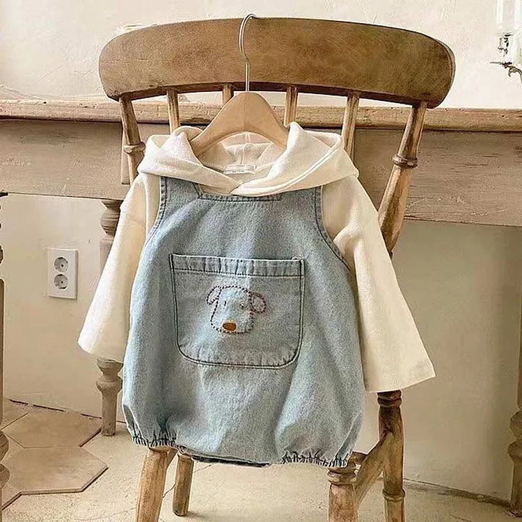 Baby Hoodie & Dog Denim Overalls Set