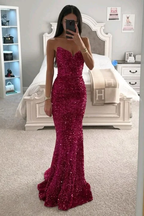 Daisda Shining Fuchsia Strapless Sleeveless Mermaid Long Prom Dress 