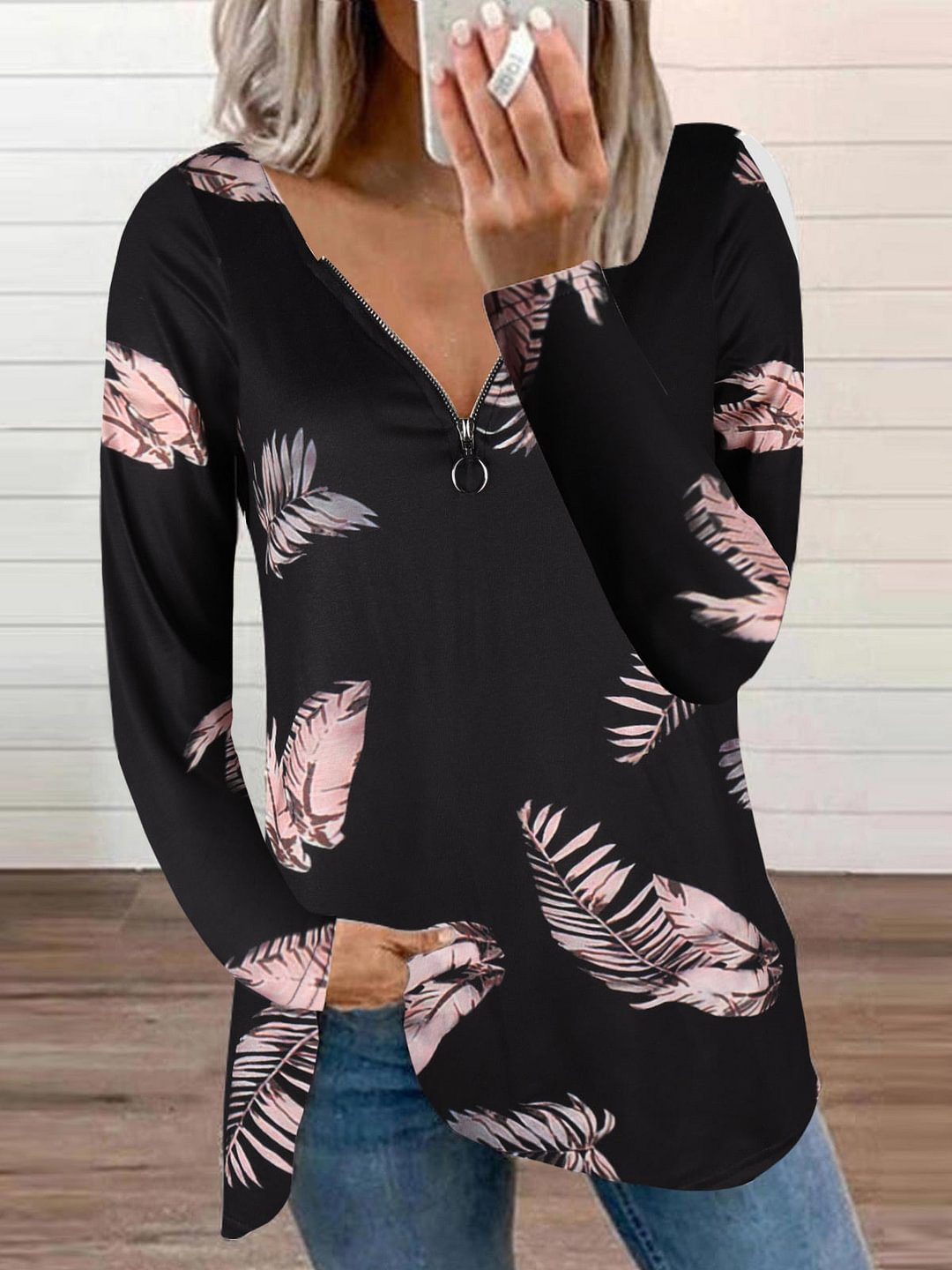 Women's Floral Long Sleeve V-Neck Printed Graphic Top