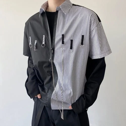Dawfashion Techwear Streetwear-Dark Black Personalized Stripe Color Matching Chain Pendant Design With Lapel And Short Sleeves-Streetfashion-Darkwear-Techwear