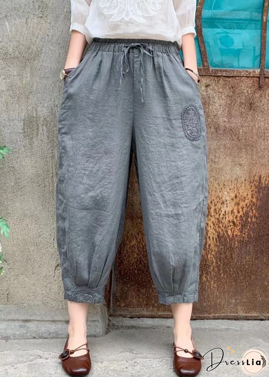 Plus Size Linen Lace Up Elastic Waist Linen Crop Pants Summer