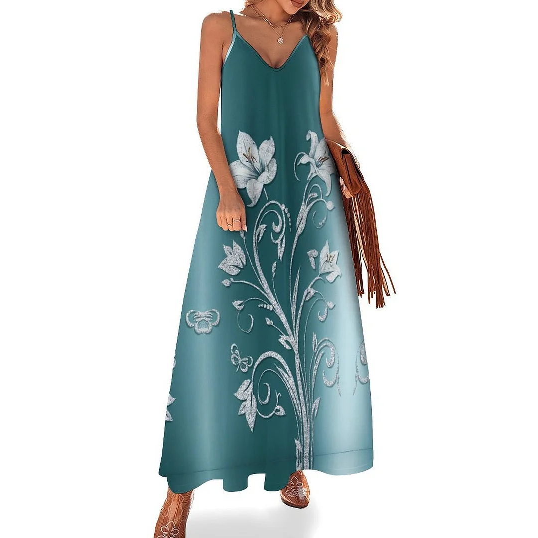 Style & Comfort for Mature Women Plus Size Printed Sling Casual Women Maxi Dress in Pattern Green, Lily, Glitter, Floral
