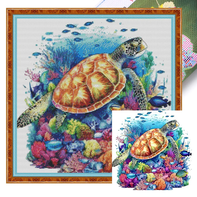 『HuaCan』Turtle - 14CT Stamped Cross Stitch(40*40cm)