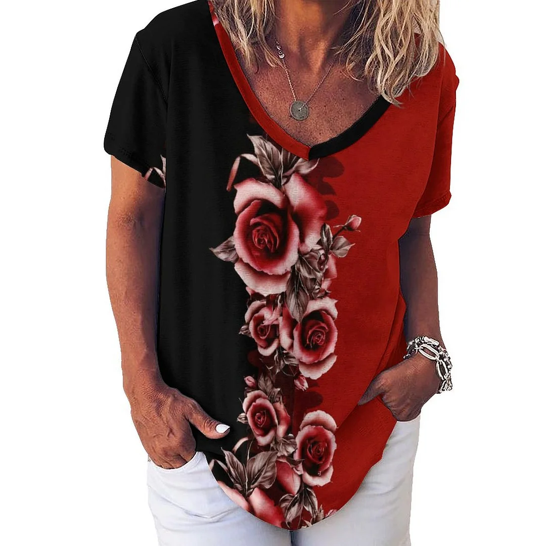 V-neck Short Sleeve Casual T-shirt for  Women Printed with Pattern Floral, Black, Red