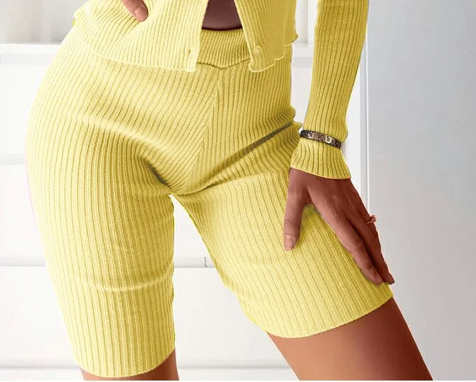 Knitted Sweater Two Piece Set Women Long Sleeve Buttons Top High Waist Shorts 2pcs Outfits Lady Slim Matching Fall Clothes Sets