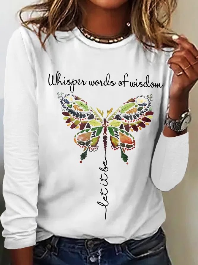 Women's Whisper Words Of Wisdom Butterfly Printed Graphic Cotton-Blend Simple Long Sleeve Top